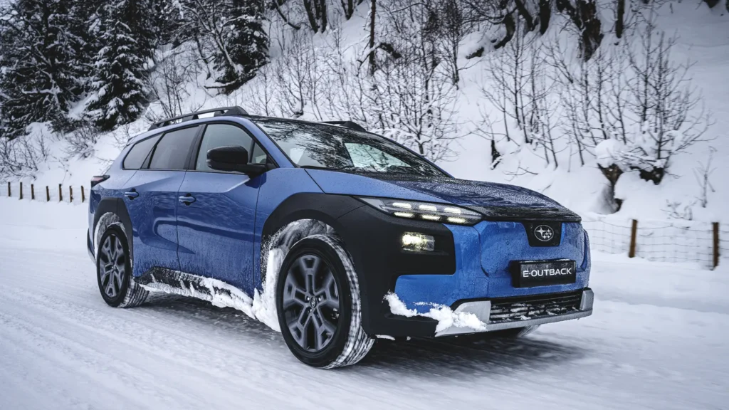 Blå Subaru E-Outback kjører på snødekt vei omgitt av trær.