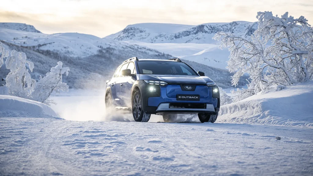 Blå Subaru E-Outback kjører på snødekt vei i vinterlandskap.